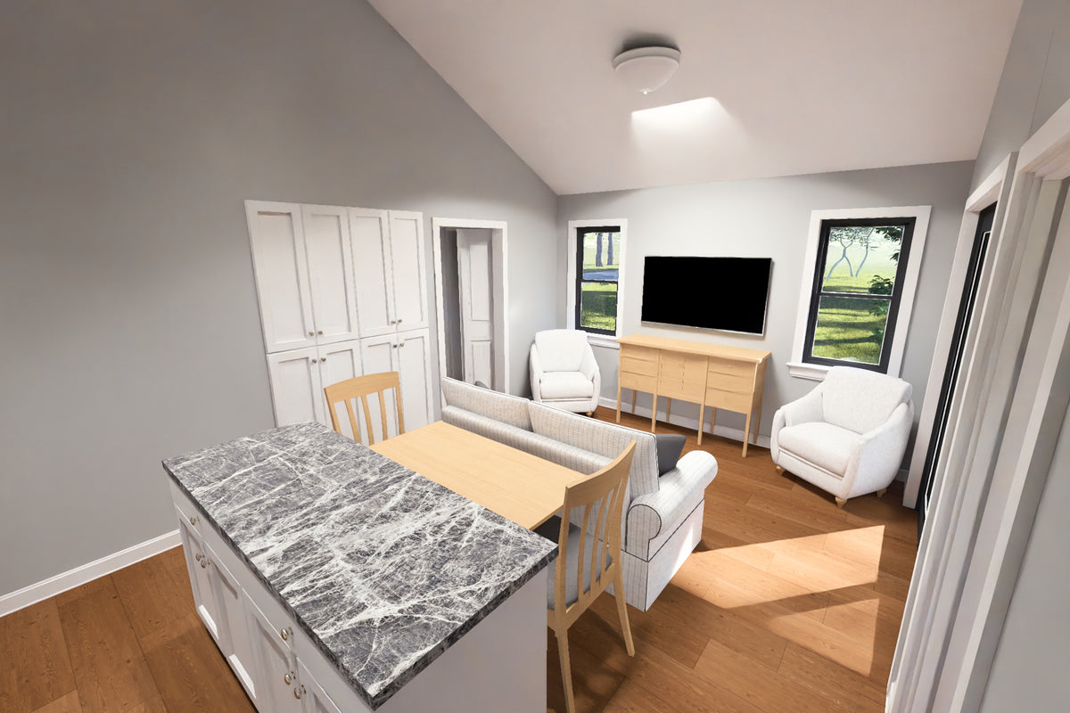 J8125-E Cottage House Kitchen and Living Area, 2 Bedrooms, 2 Bathrooms | Driftwood Harbor House Plan 