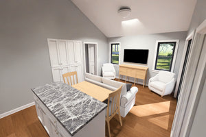 J8125-E Cottage House Kitchen and Living Area, 2 Bedrooms, 2 Bathrooms | Driftwood Harbor House Plan 
