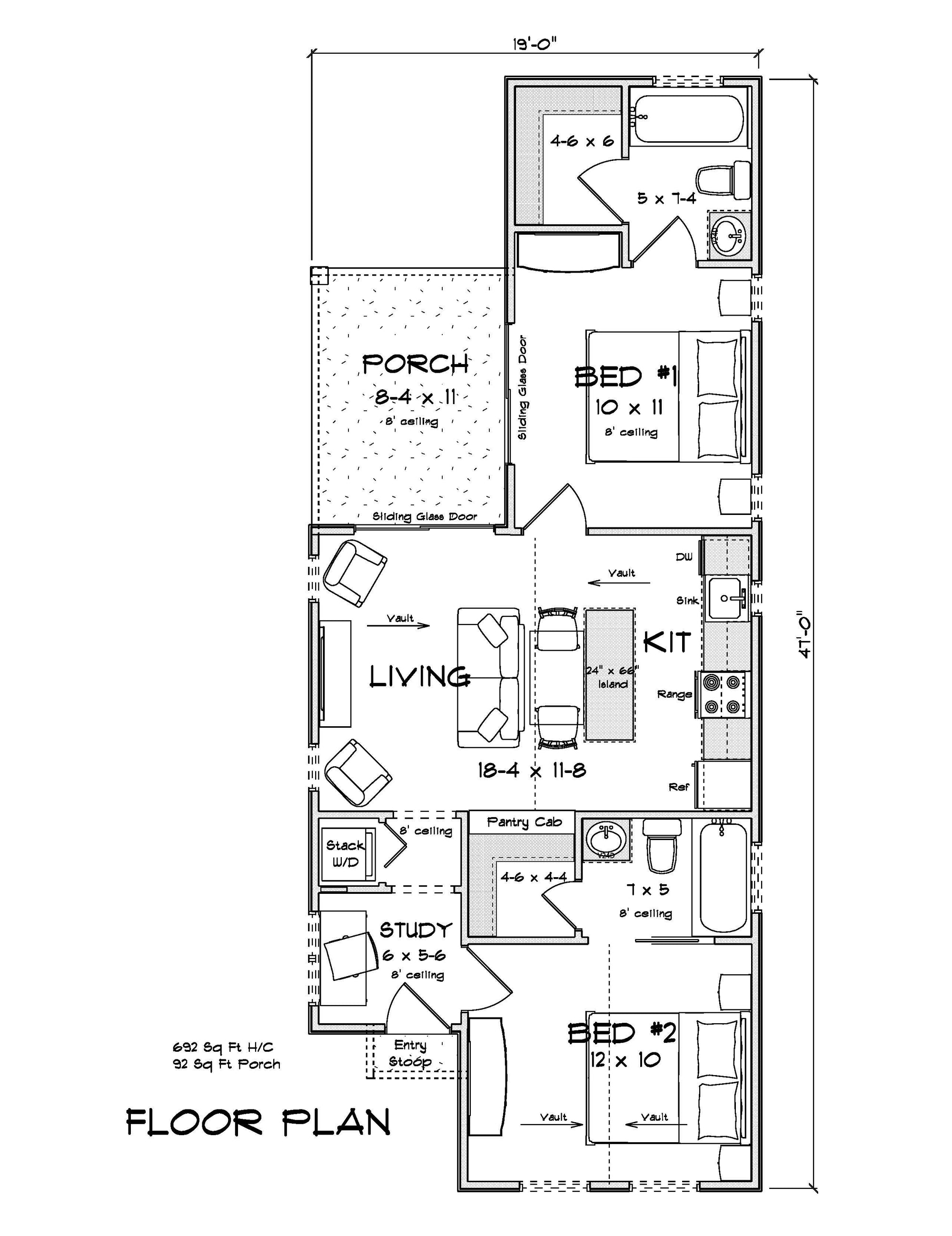 J8125-E Cottage House First Floor Plan, 2 Bedrooms, 2 Bathrooms | Driftwood Harbor House Plan 