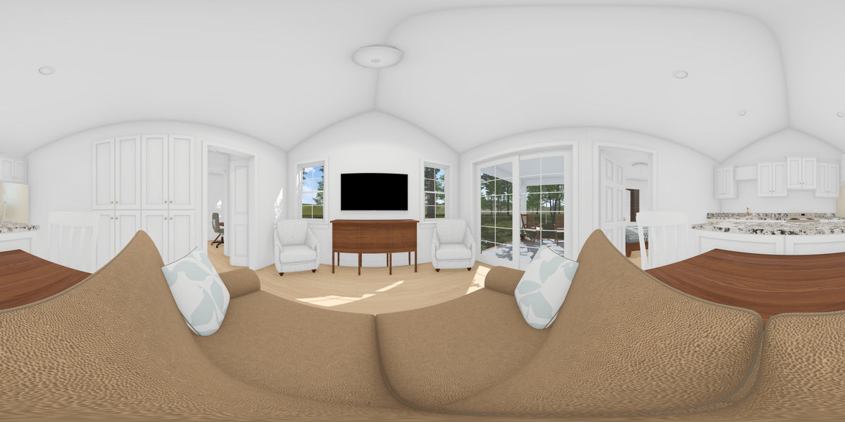 J8126-E Cottage Duplex House, 4 Bedrooms, 4 Bathrooms | Alderhaven Bluff House Plan Living Panorama
