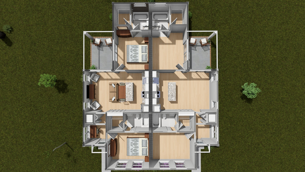J8126-E Cottage Duplex House 3D First Floor, 4 Bedrooms, 4 Bathrooms | Alderhaven Bluff House Plan 