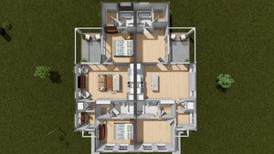 J8126-E Cottage Duplex House 3D First Floor, 4 Bedrooms, 4 Bathrooms | Alderhaven Bluff House Plan 