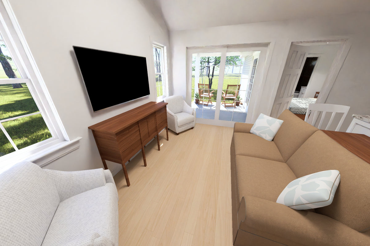J8126-E Cottage Duplex House Living Room, 4 Bedrooms, 4 Bathrooms | Alderhaven Bluff House Plan 