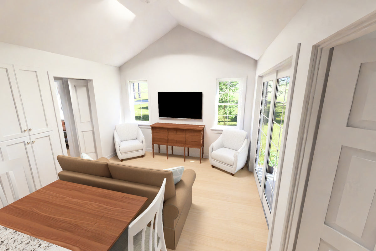 J8126-E Cottage Duplex House Living Room, 4 Bedrooms, 4 Bathrooms | Alderhaven Bluff House Plan 