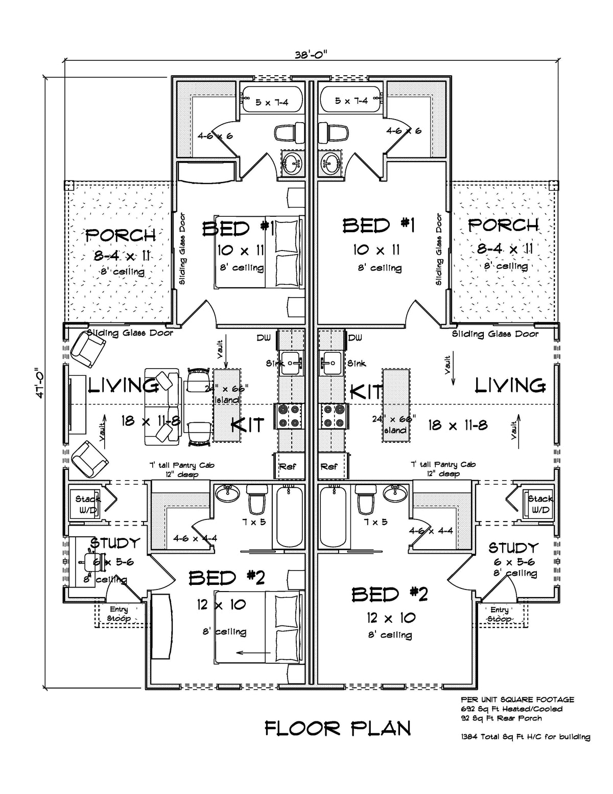 J8126-E Cottage Duplex House First Floor Plan, 4 Bedrooms, 4 Bathrooms | Alderhaven Bluff House Plan 