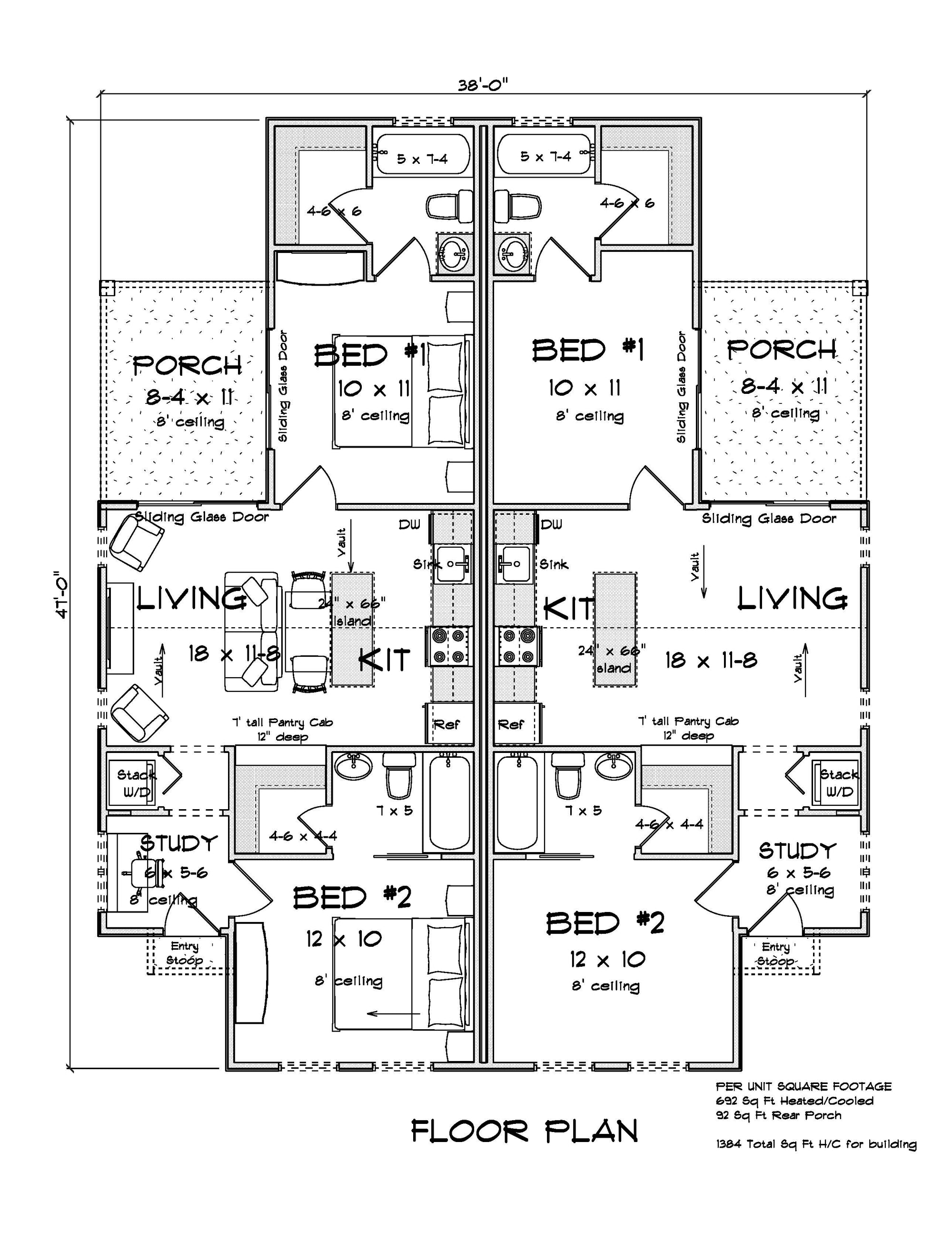 J8126-E Cottage Duplex House First Floor Plan, 4 Bedrooms, 4 Bathrooms | Alderhaven Bluff House Plan 