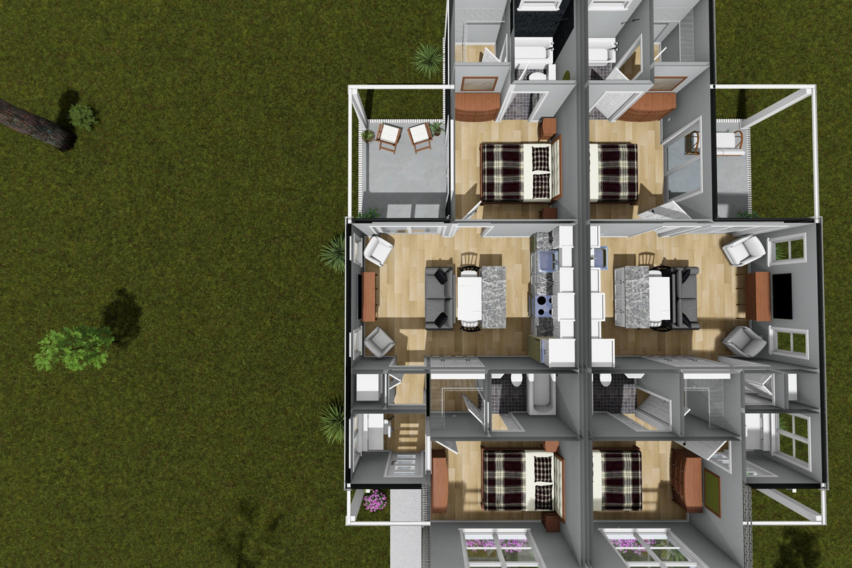 J8128-E Modern Duplex House 3D First Floor, 4 Bedrooms, 4 Bathrooms | Clearwater Pointe House Plan 