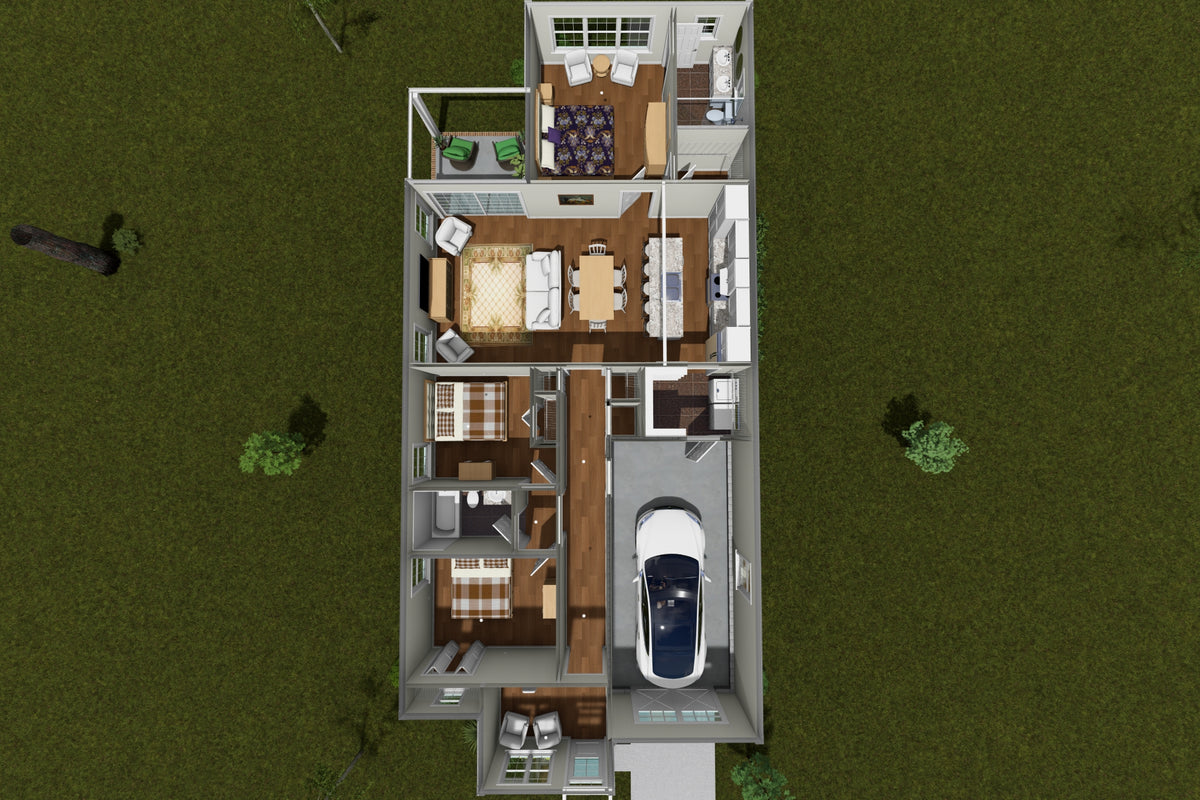 J8129-E Cottage House 3D First Floor, 3 Bedrooms, 2 Bathrooms | Granite Brook House Plan 