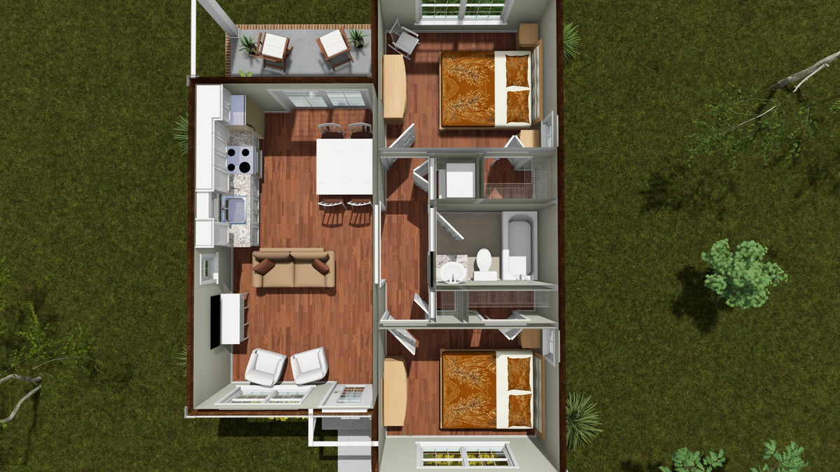 J8132-E Craftsman House 3D First Floor, 2 Bedrooms, 1 Bathroom | Silver Maple Grove House Plan 