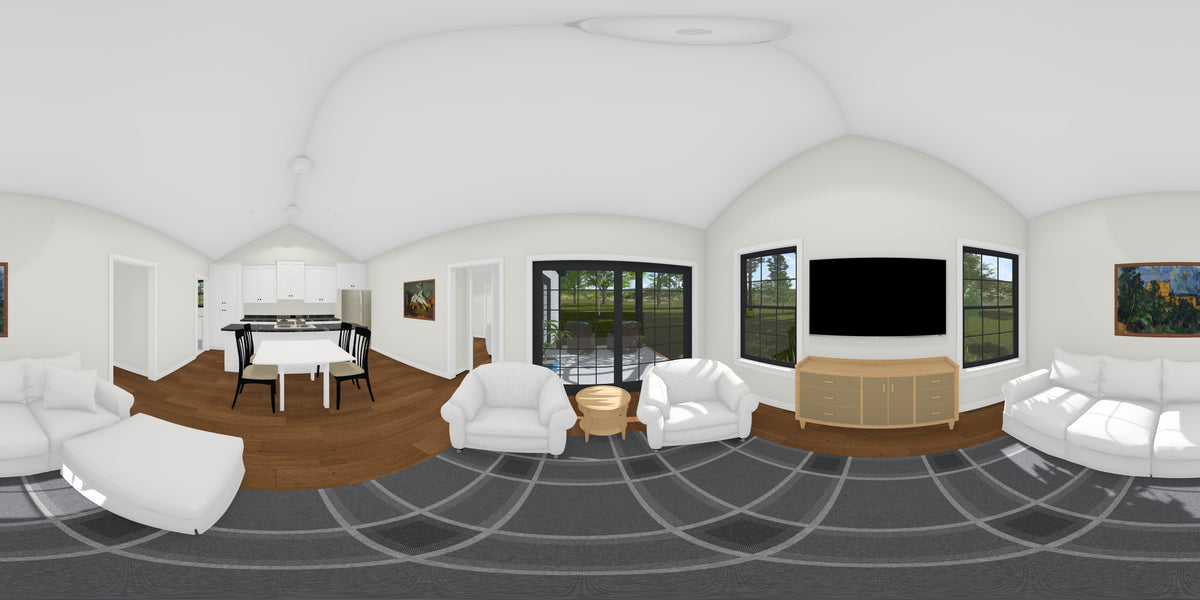 J8133-E Cottage House, 4 Bedrooms, 2.5 Bathrooms | Riverstone Heights House Plan Living Panorama