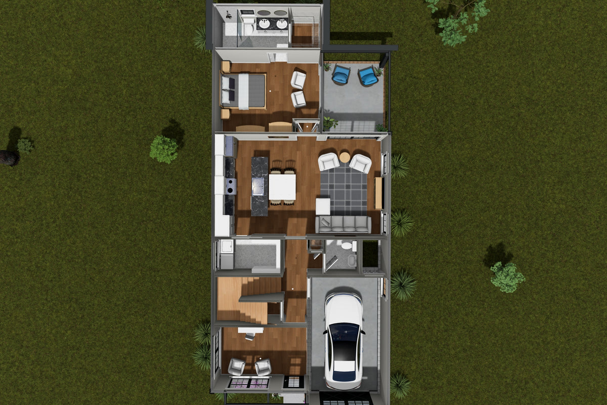 J8133-E Cottage House 3D First Floor, 4 Bedrooms, 2.5 Bathrooms | Riverstone Heights House Plan 