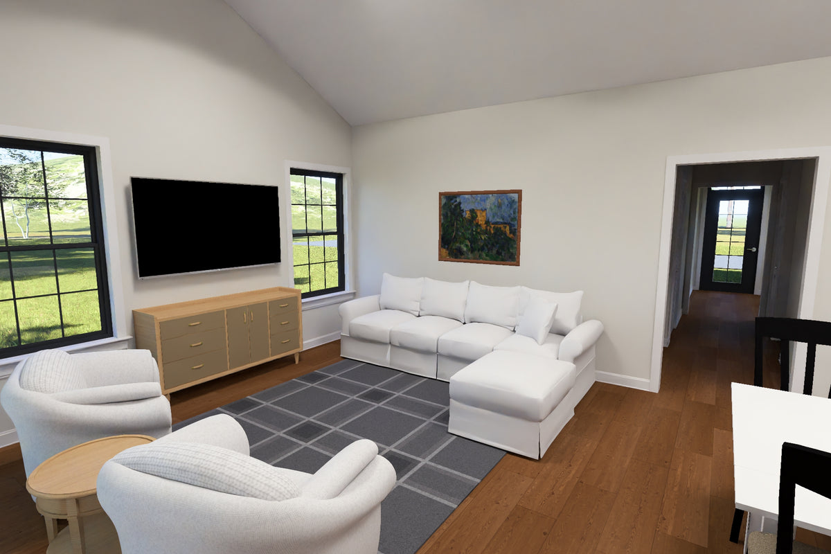 J8133-E Cottage House Living Room, 4 Bedrooms, 2.5 Bathrooms | Riverstone Heights House Plan 