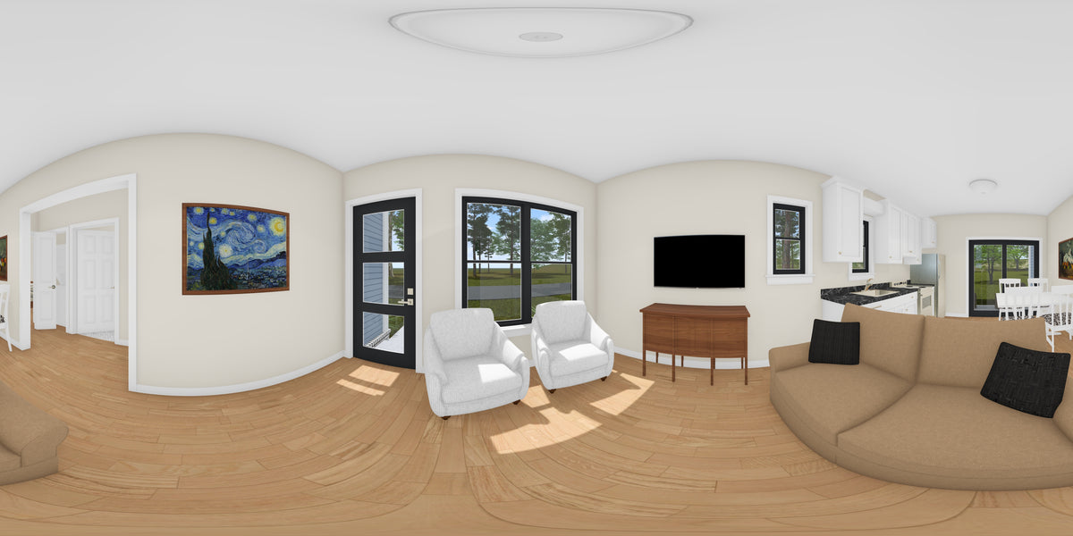 J8134-E Contemporary House, 2 Bedrooms, 1 Bathroom | Pinecrest Haven House Plan Living Panorama