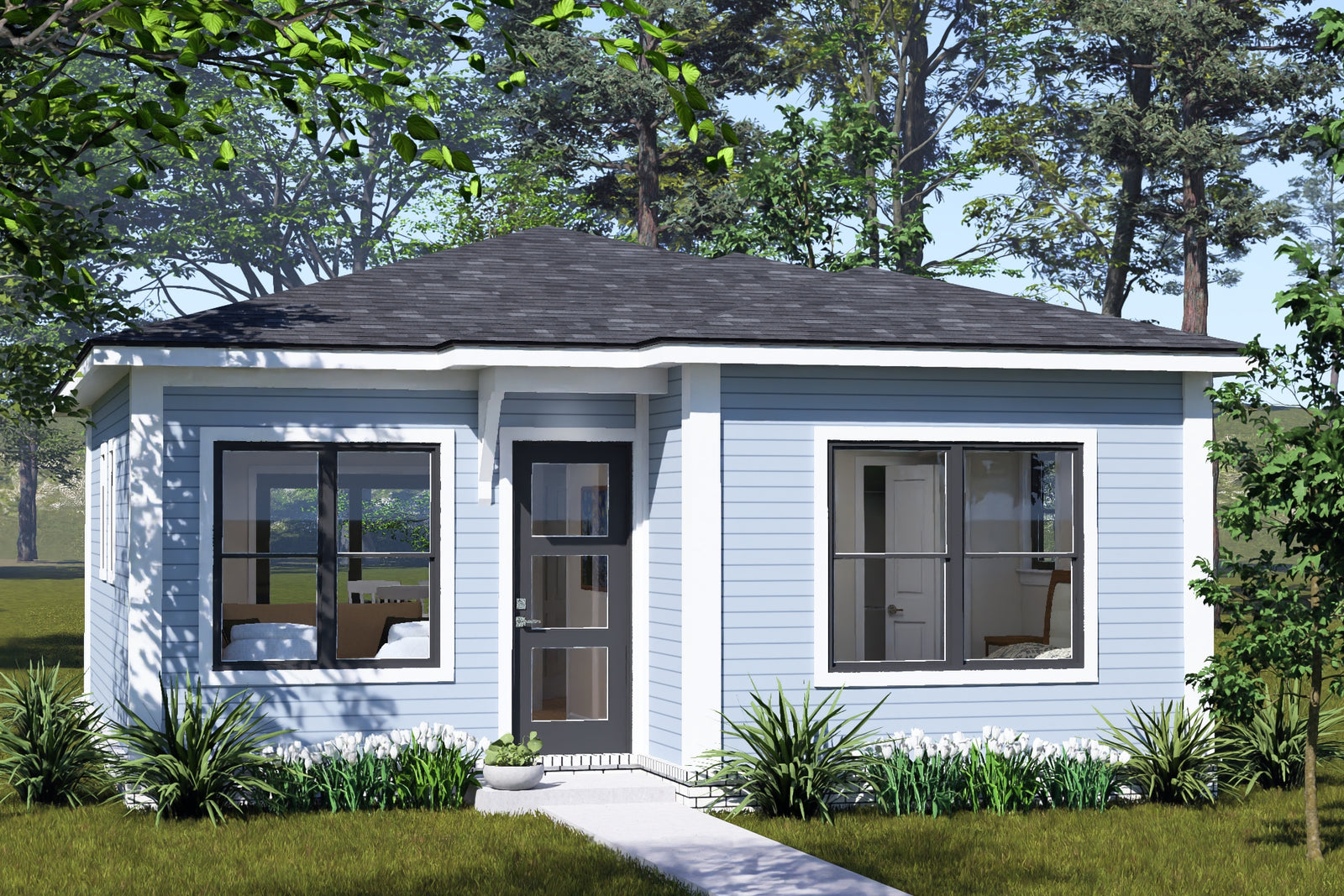 J8134-E Contemporary House, 2 Bedrooms, 1 Bathroom | Pinecrest Haven House Plan Exterior