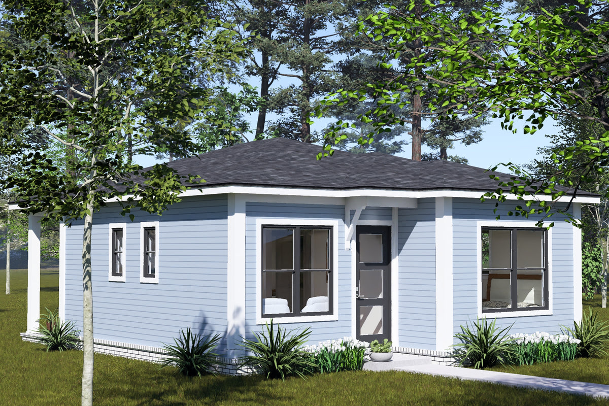 J8134-E Contemporary House, 2 Bedrooms, 1 Bathroom | Pinecrest Haven House Plan Exterior-3