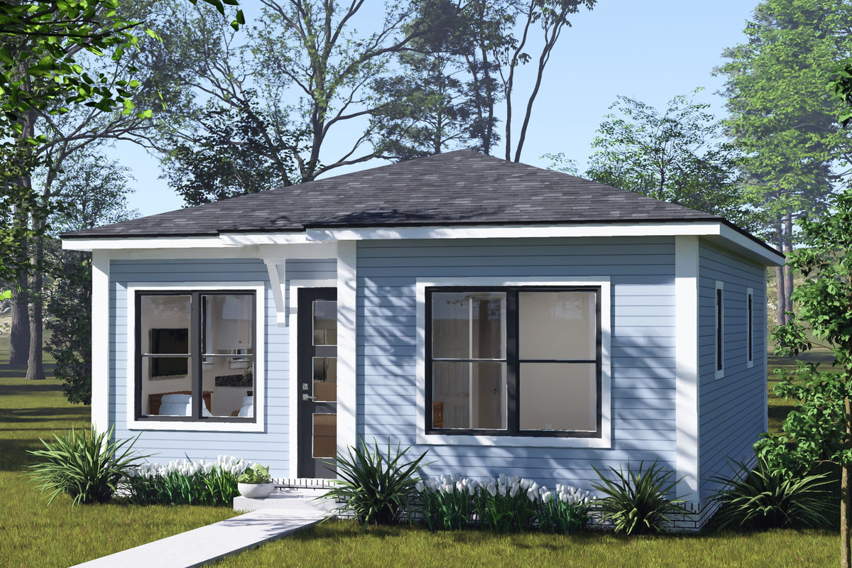 J8134-E Contemporary House, 2 Bedrooms, 1 Bathroom | Pinecrest Haven House Plan Exterior-7