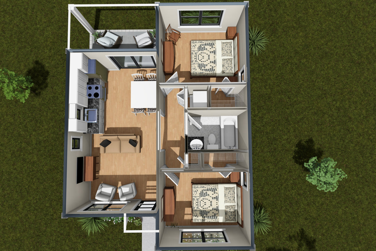 J8134-E Contemporary House 3D First Floor, 2 Bedrooms, 1 Bathroom | Pinecrest Haven House Plan 