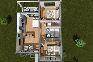J8134-E Contemporary House 3D First Floor, 2 Bedrooms, 1 Bathroom | Pinecrest Haven House Plan 