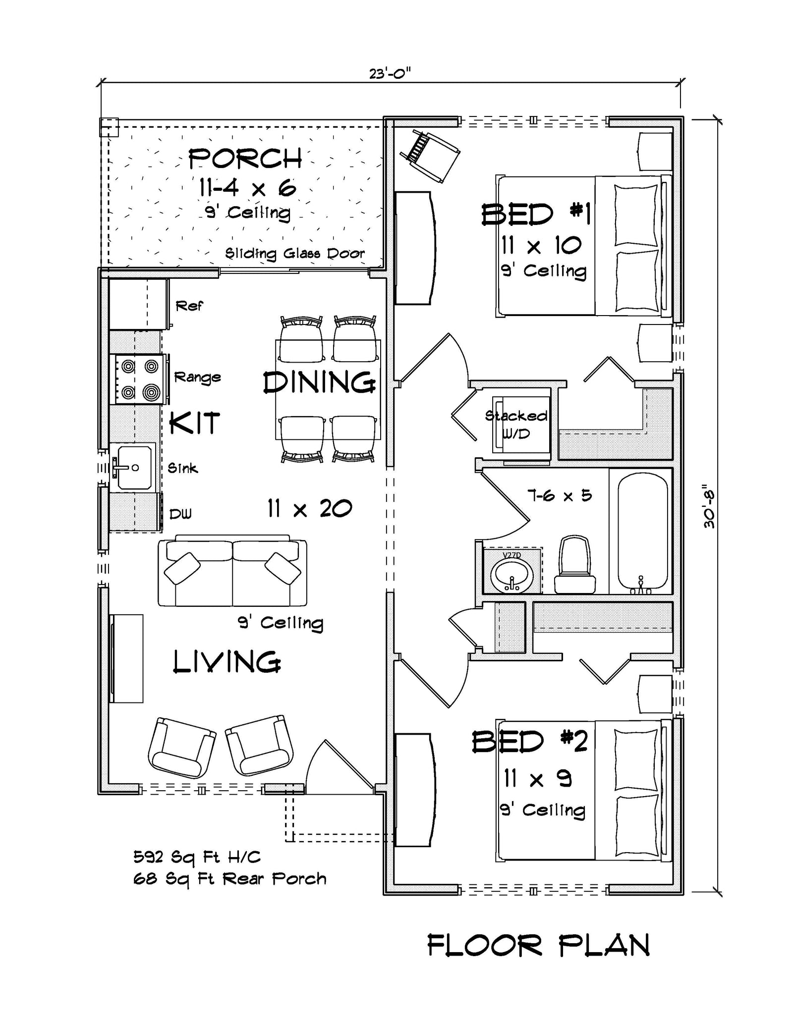 J8134-E Contemporary House, 2 Bedrooms, 1 Bathroom | Pinecrest Haven House Plan Exterior