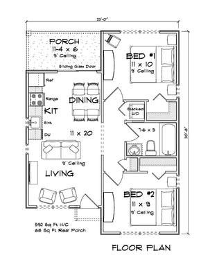 J8134-E Contemporary House First Floor Plan, 2 Bedrooms, 1 Bathroom | Pinecrest Haven House Plan 