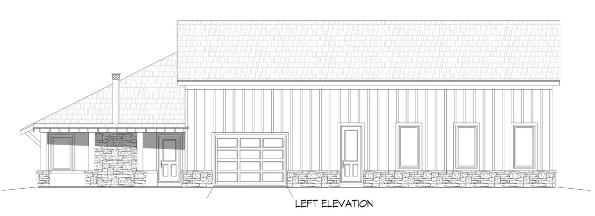 L7870-A Barndominium House Left Elevation, 3-4 Bedrooms, 3 Bathrooms | Mudville 