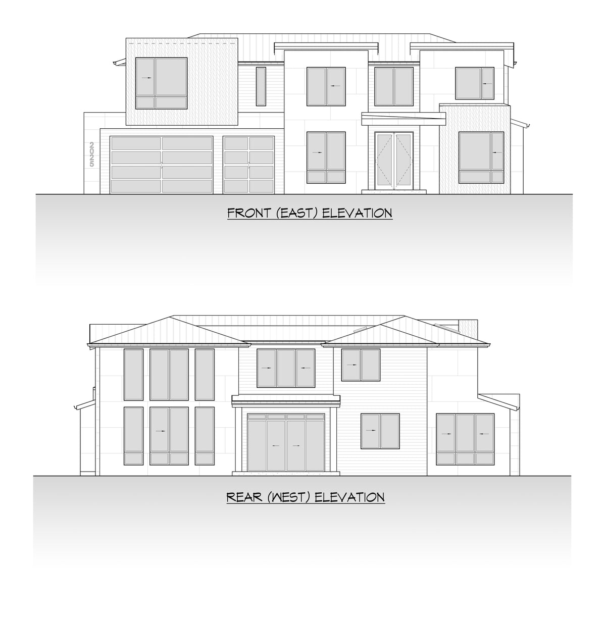 AC8172-A Modern House, 5 Bedrooms, 5.5 Bathrooms | 2025 Market St. House Plan Front and Rear Elevation
