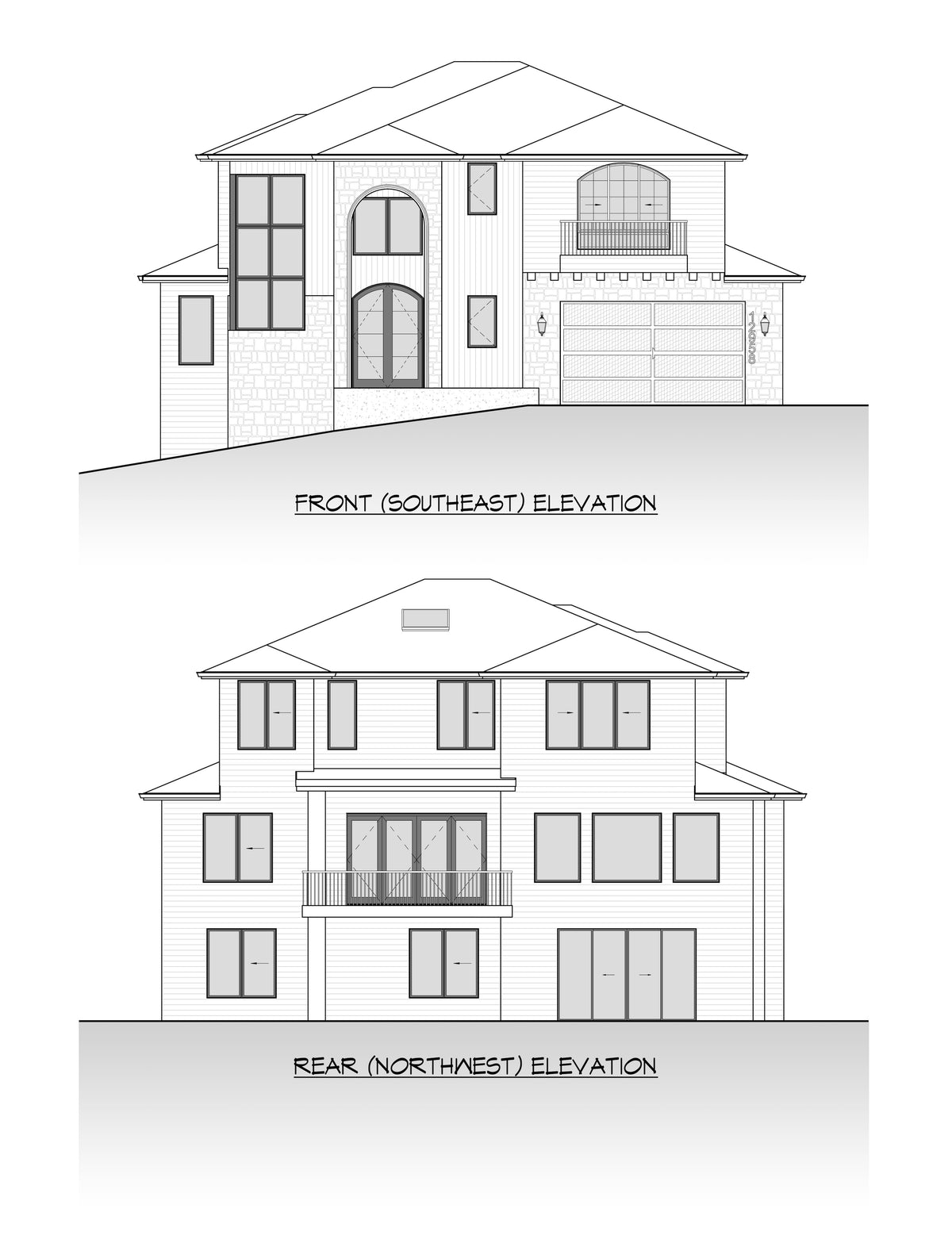 AC8177-A Contemporary House, 5 Bedrooms, 5.5 Bathrooms | Alice Residence House Plan Front and Rear Elevation