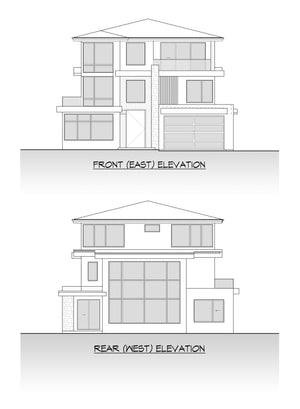AC8182-A Contemporary House, 6 Bedrooms, 5.5 Bathrooms | Chong 521 House Plan Front and Rear Elevation