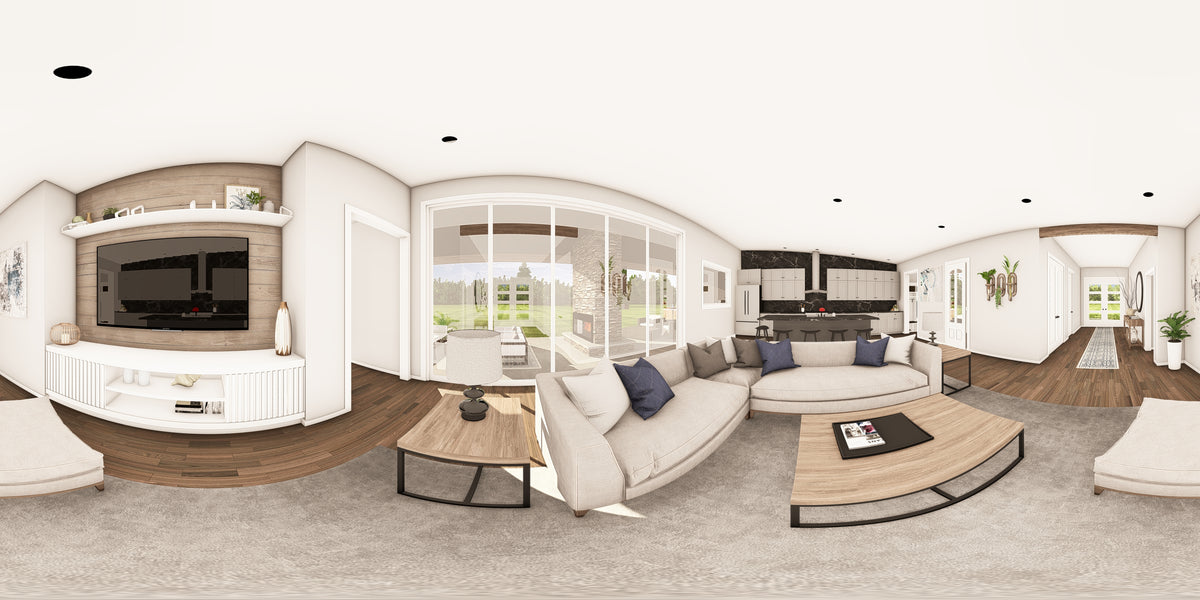 Q8100-A Barndominium House Great Room Panorama, 3 Bedrooms, 2.5 Bathrooms | Plan 25201 House Plan 