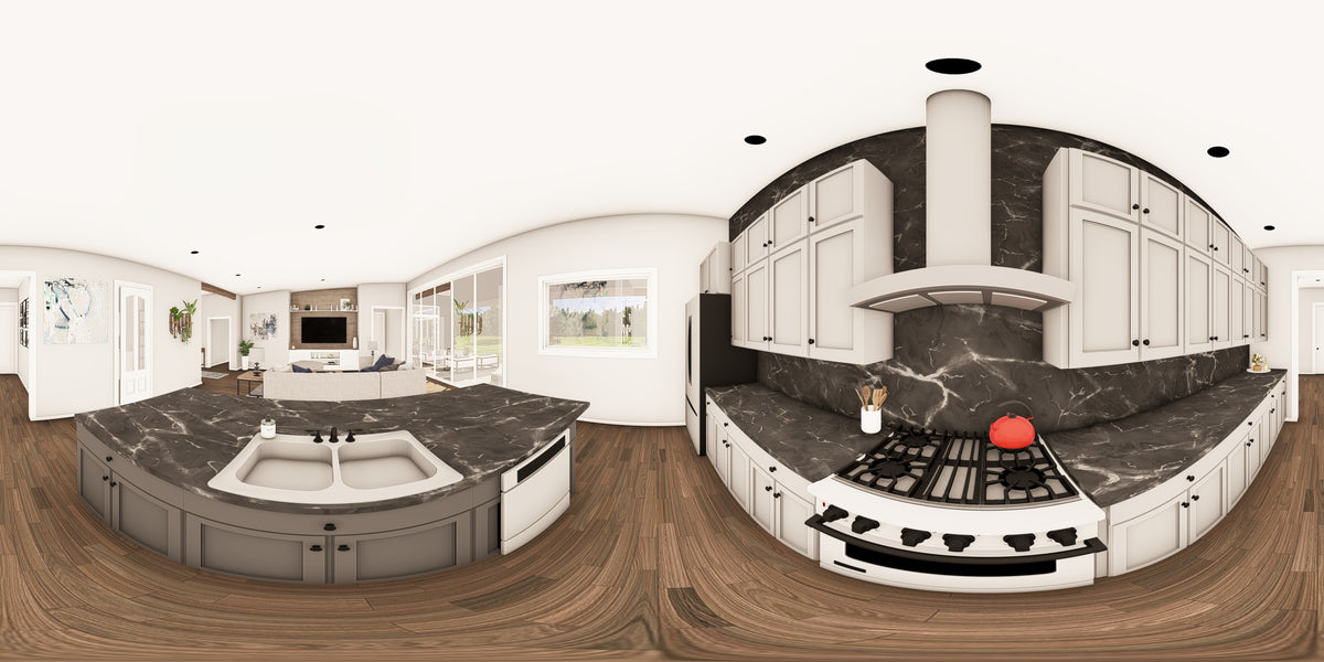 Q8100-A Barndominium House Kitchen Panorama, 3 Bedrooms, 2.5 Bathrooms | Plan 25201 House Plan 