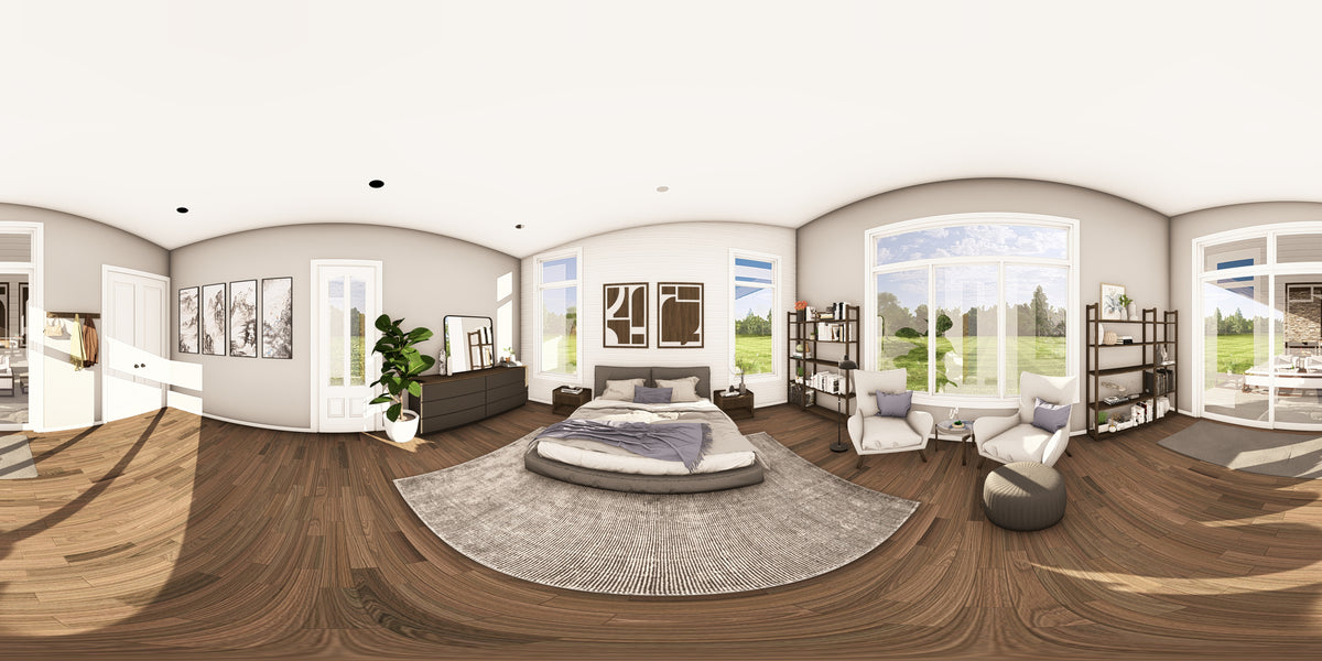 Q8100-A Barndominium House Master Bedroom Panorama, 3 Bedrooms, 2.5 Bathrooms | Plan 25201 House Plan 