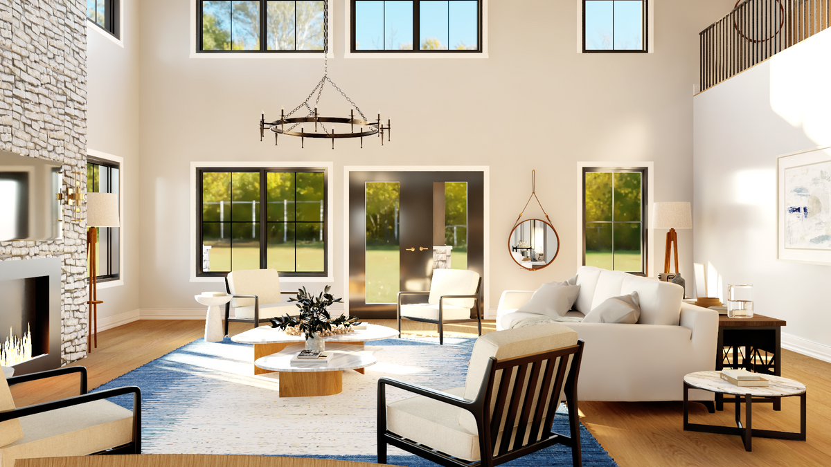 Q8417-A Barndominium House, 3 Bedrooms, 3.5 Bathrooms | 25338 House Plan Living Room