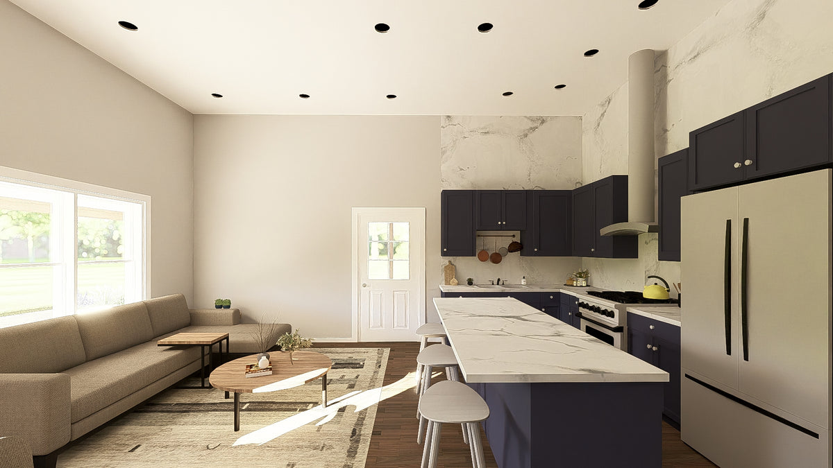Q7787-A Barndominium House Living and Kitchen, 2 Bedrooms, 1 Bathroom | Plan 25348 
