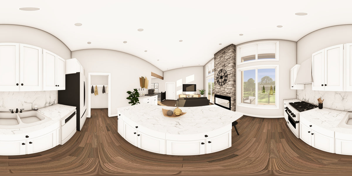Q8413-A Modern Mountain House, 2 Bedrooms, 2 Bathrooms | 25400 House Plan Kitchen Panorama