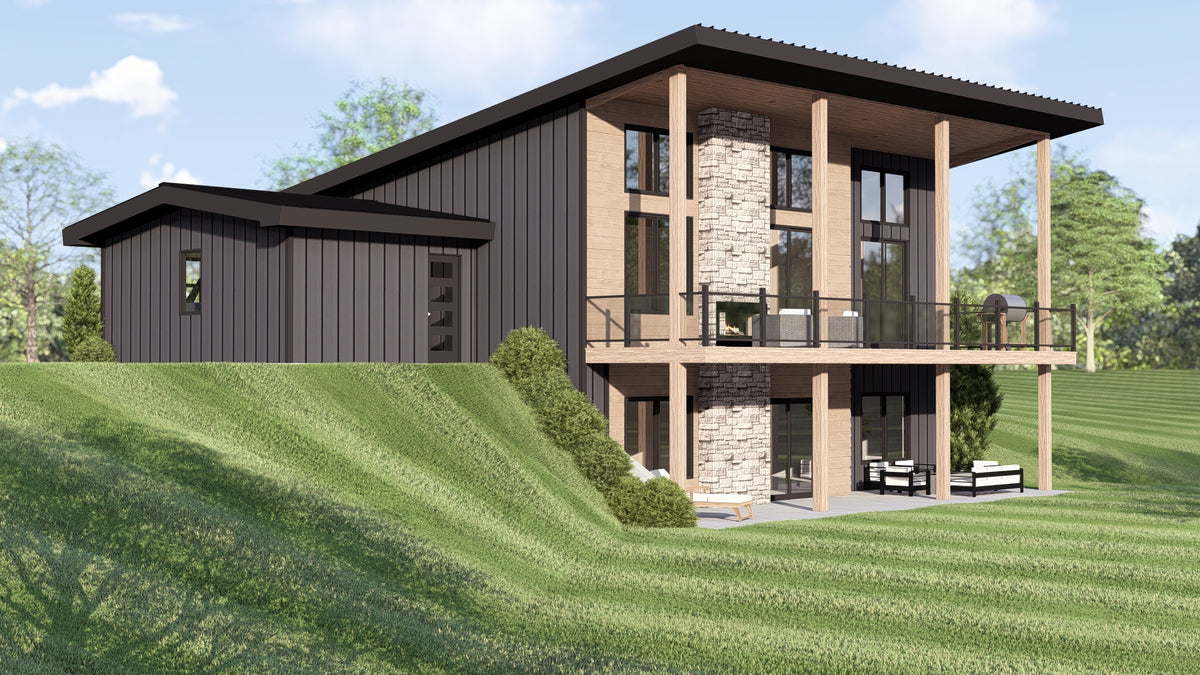 Q8413-A Modern Mountain House, 2 Bedrooms, 2 Bathrooms | 25400 House Plan Exterior-4