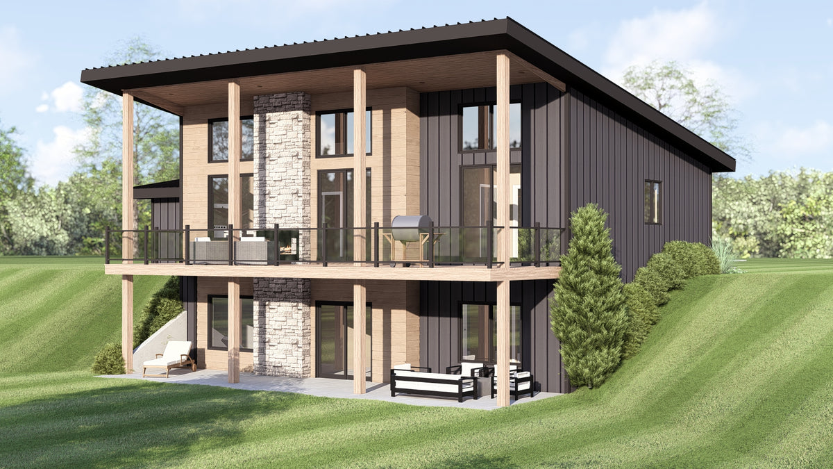 Q8413-A Modern Mountain House, 2 Bedrooms, 2 Bathrooms | 25400 House Plan Exterior-5