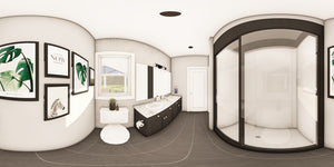 Q7785-A Barndominium House Master Bath Panorama, 2 Bedrooms, 2.5 Bathrooms | Plan 25424
