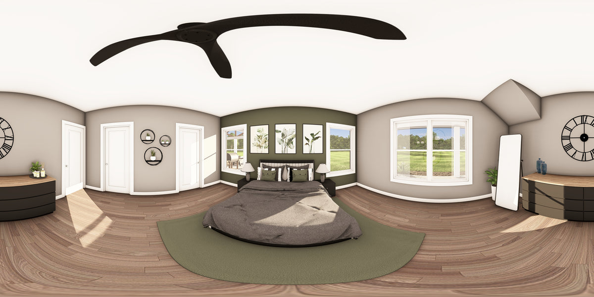 Q7785-A Barndominium House Master Bed Panorama, 2 Bedrooms, 2.5 Bathrooms | Plan 25424