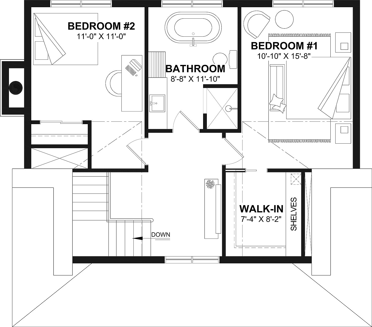 T8009-A French Country House Second Floor Plan, 2 Bedrooms, 1.5 Bathrooms | Eloise 2595 