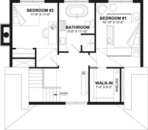 T8009-A French Country House Second Floor Plan, 2 Bedrooms, 1.5 Bathrooms | Eloise 2595 