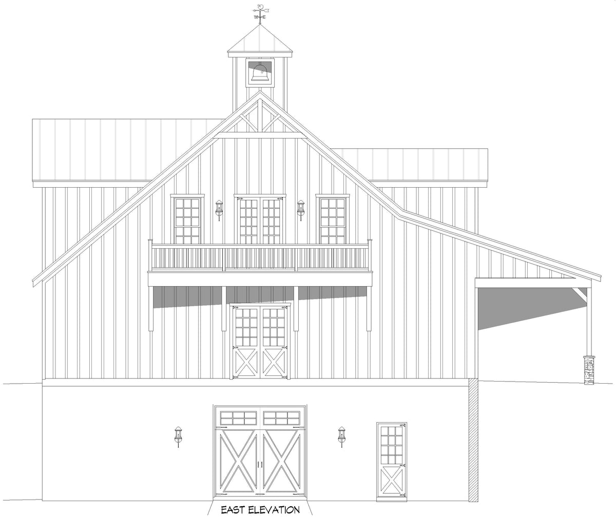 Barn Shed with Garage and Storage East Elevation| 6,524 Sq Ft | Shiloh Oaks Barn House Plan 