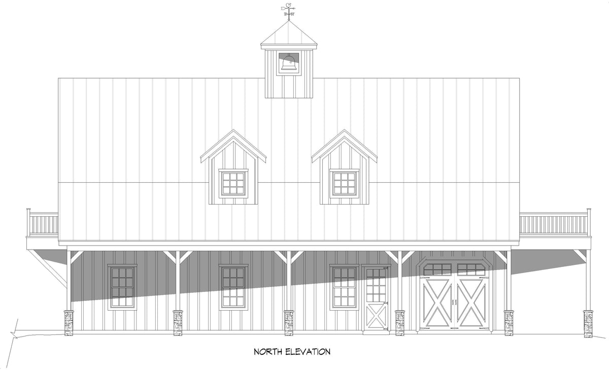 Barn Shed with Garage and Storage North Elevation| 6,524 Sq Ft | Shiloh Oaks Barn House Plan
