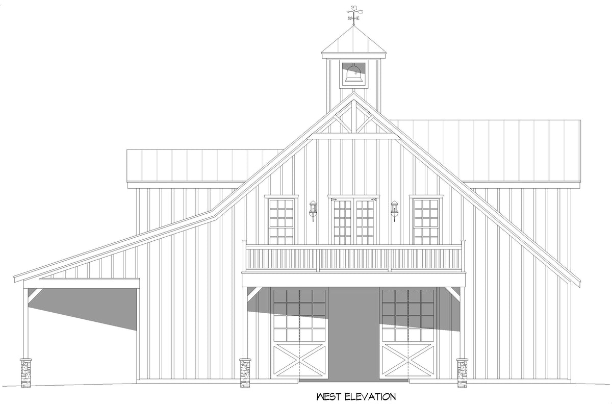 Barn Shed with Garage and Storage West Elevation| 6,524 Sq Ft | Shiloh Oaks Barn House Plan