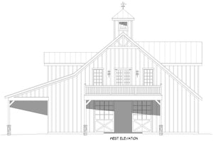 Barn Shed with Garage and Storage West Elevation| 6,524 Sq Ft | Shiloh Oaks Barn House Plan