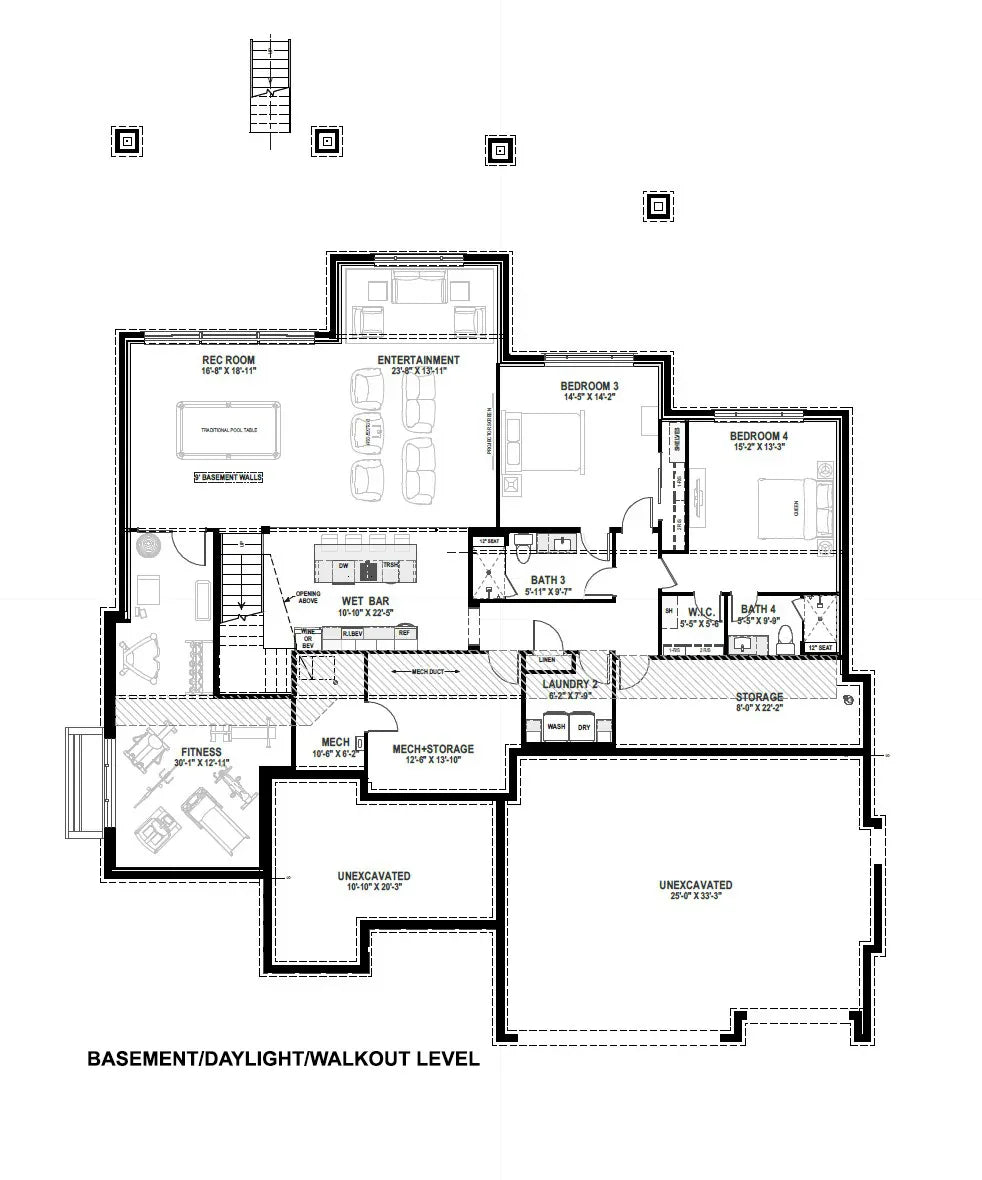 W7606-A Modern Ranch House Basement Floor Plan, 2 Bedrooms, 2.5 Bathrooms | USA-2725-MOD 
