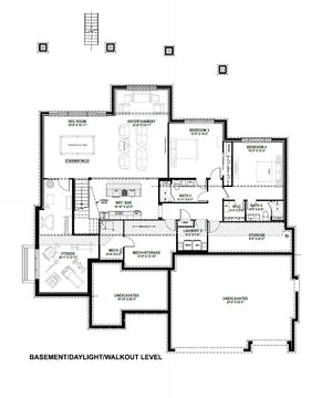 W7606-A Modern Ranch House Basement Floor Plan, 2 Bedrooms, 2.5 Bathrooms | USA-2725-MOD 