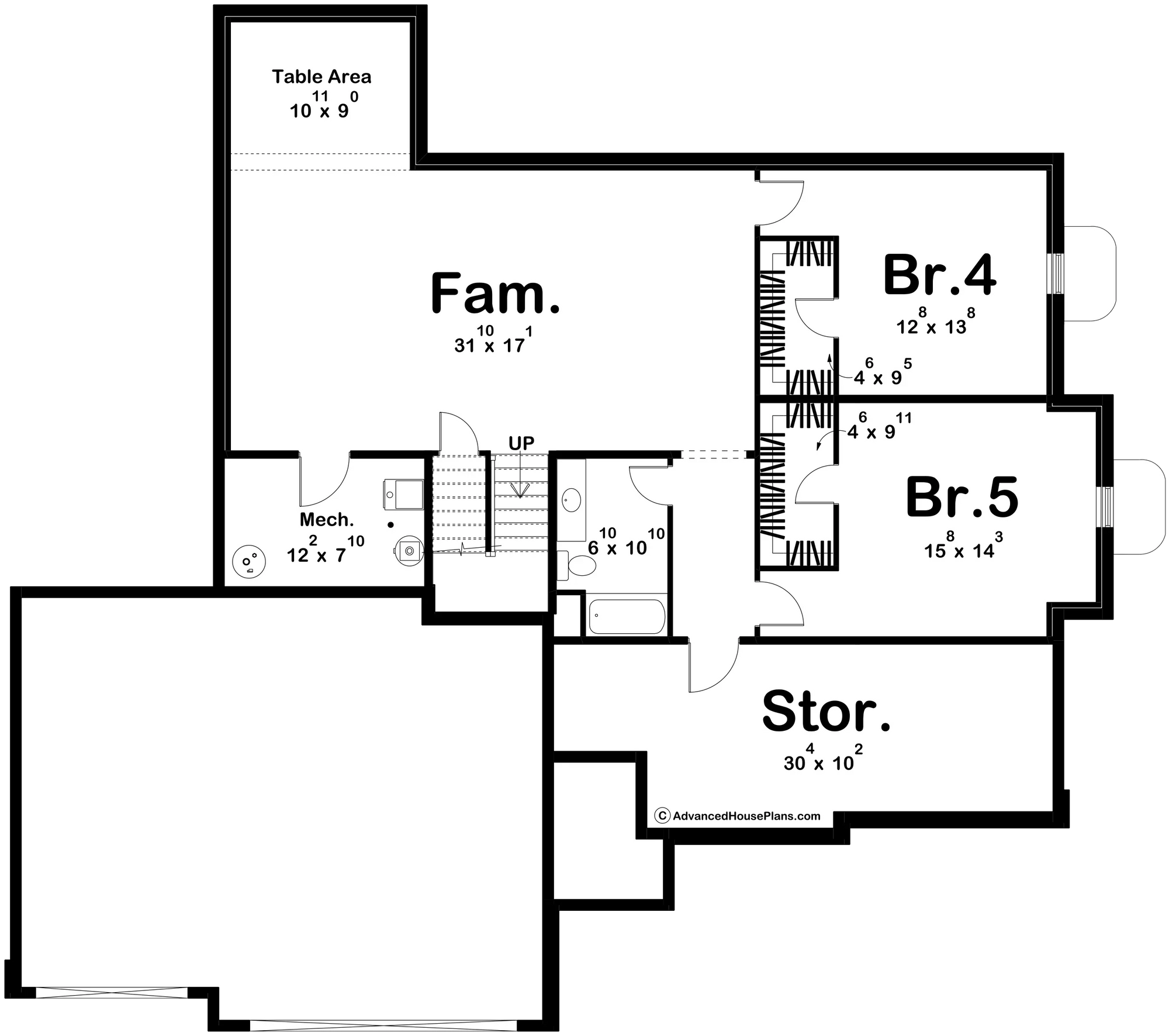 G7620-A Traditional House Basement Floor Plan, 3 Bedrooms, 2 Bathrooms | Torrance House Plan