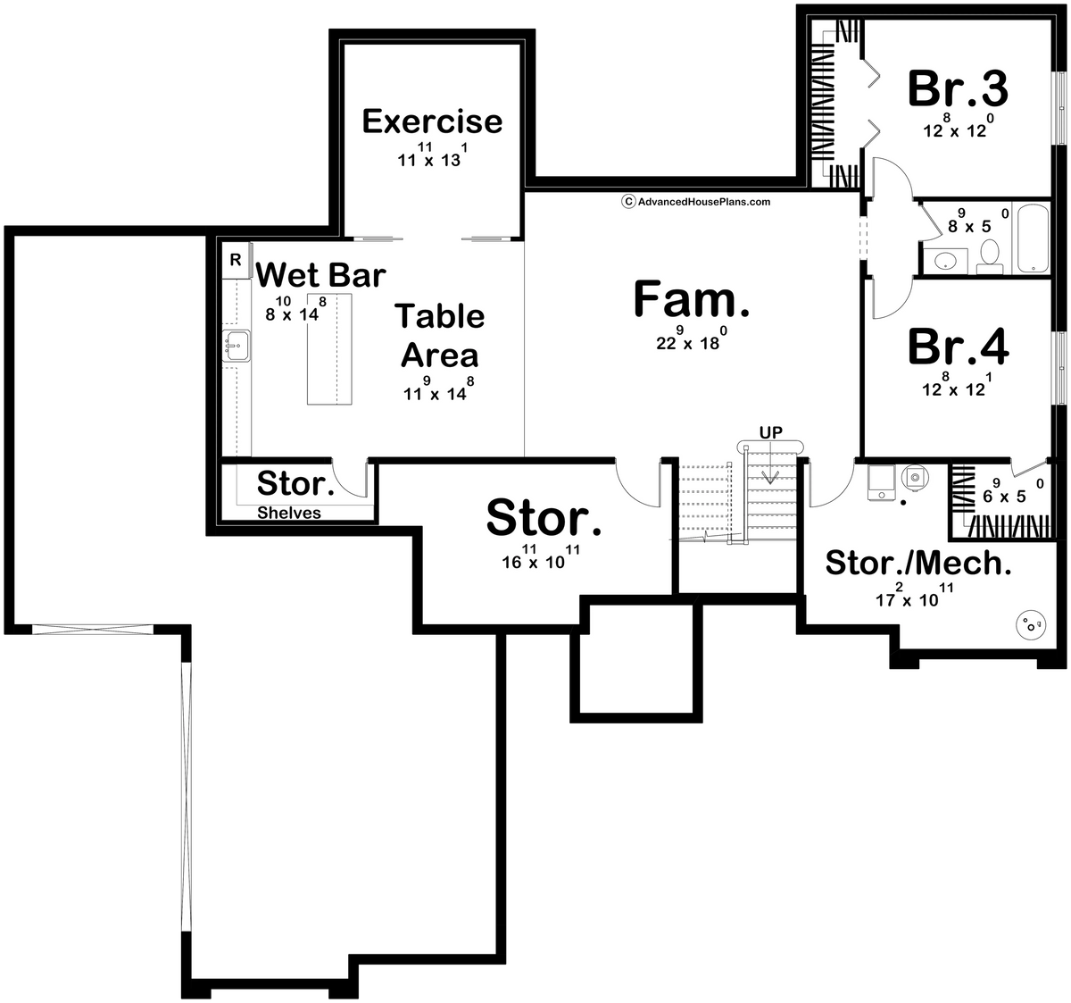 G7642-A Mediterranean House Basement Floor Plan, 2 Bedrooms, 2 Bathrooms | Rimrock House Plan 