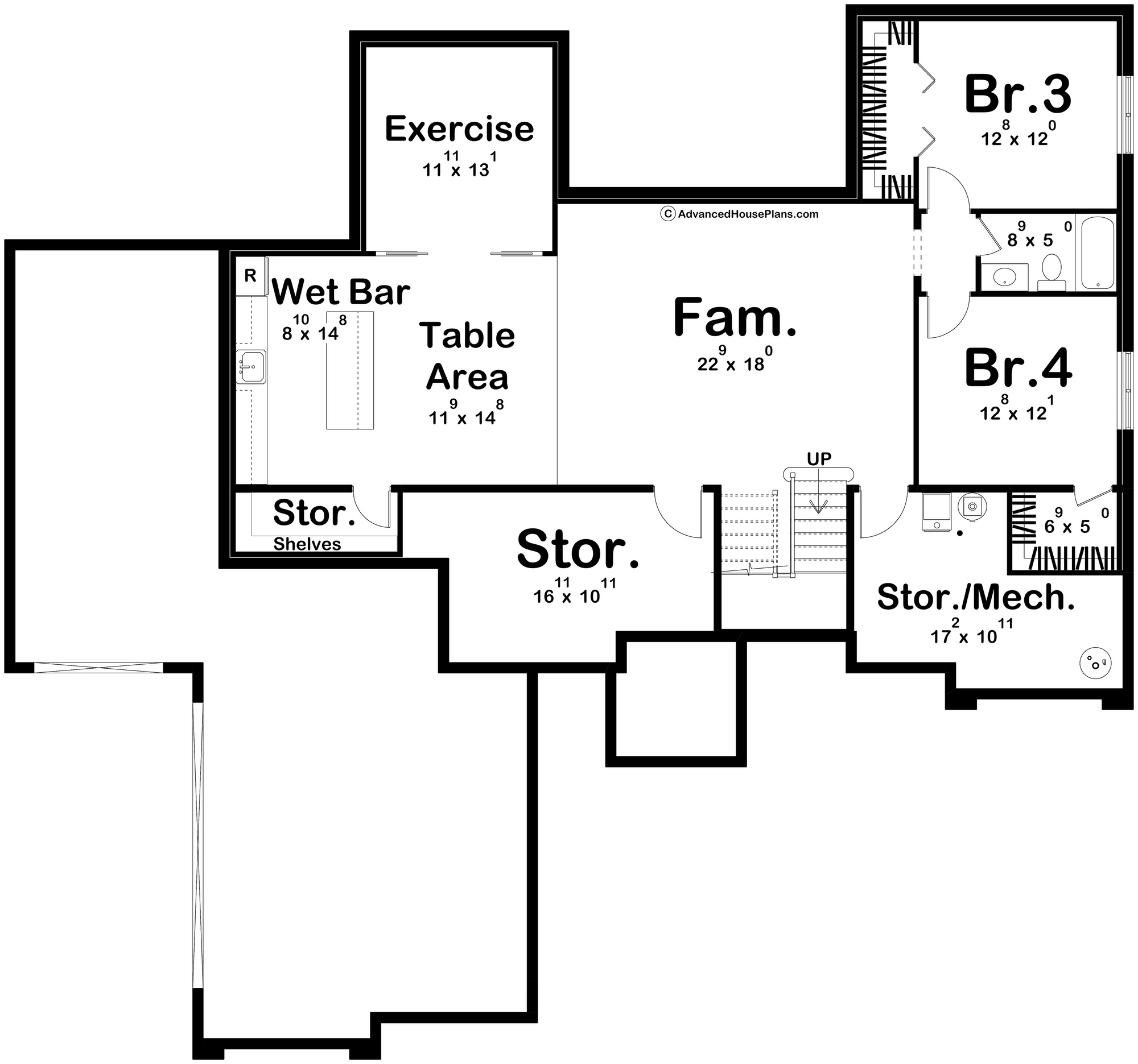 G7642-A Mediterranean House Basement Floor Plan, 2 Bedrooms, 2 Bathrooms | Rimrock House Plan 