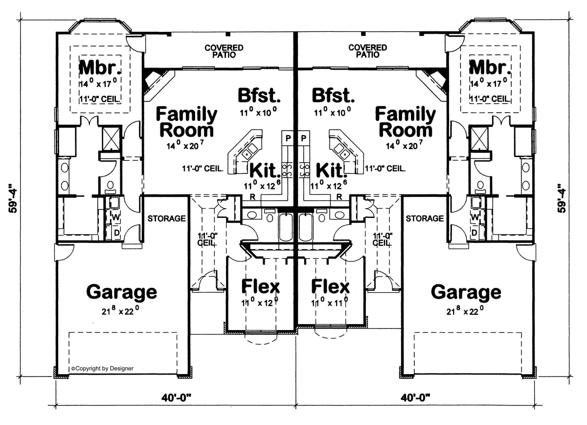 AB7770-A Traditional Duplex House First Floor Plan, 2 Bedrooms, 2 Bathrooms per unit | Pollard House Plan 